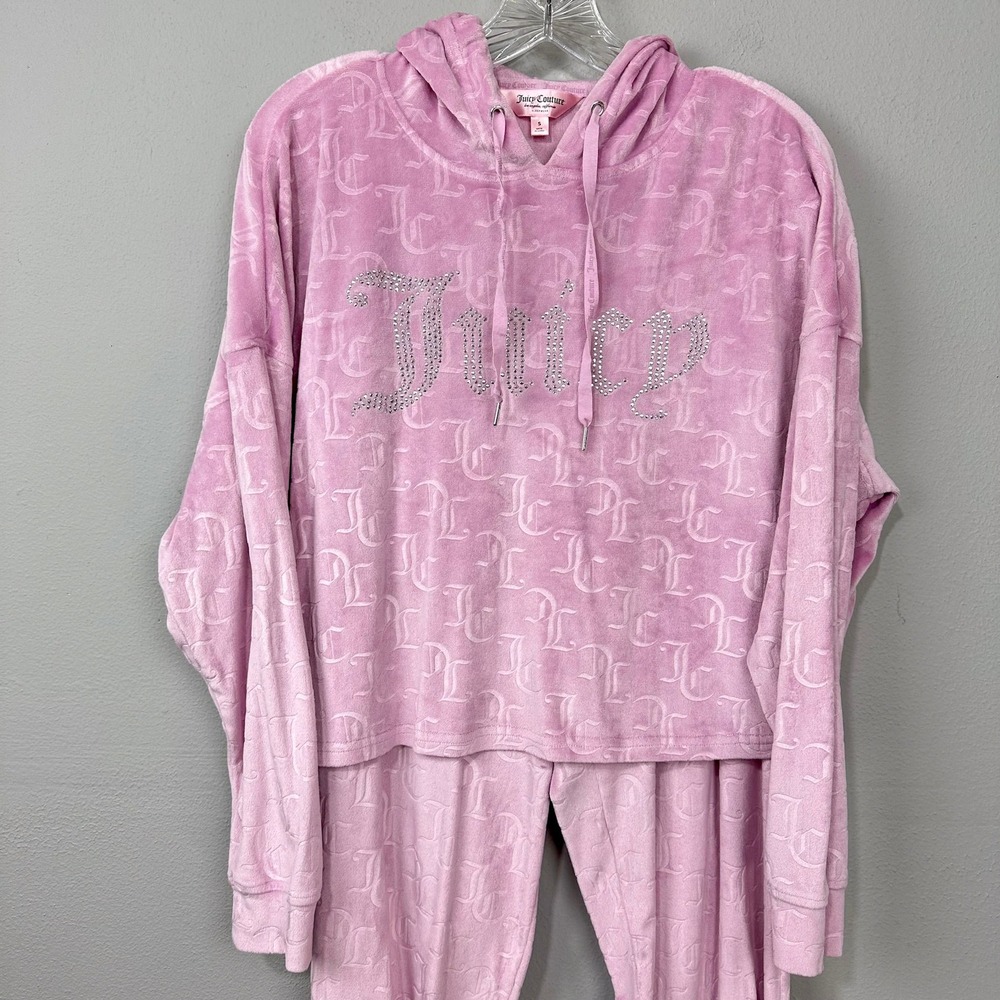 Juicy Couture Pajama Set Womens Size S Pink Velour Joggers Rhinestone Hoodie 2pc